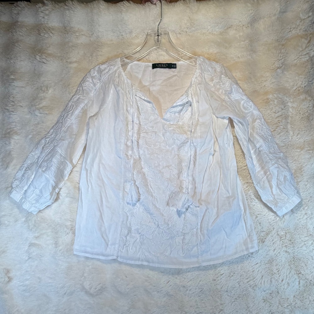 Lauren Ralph Lauren White Embroidered‎ Cotton Peasant Blouse Tassel Top XS